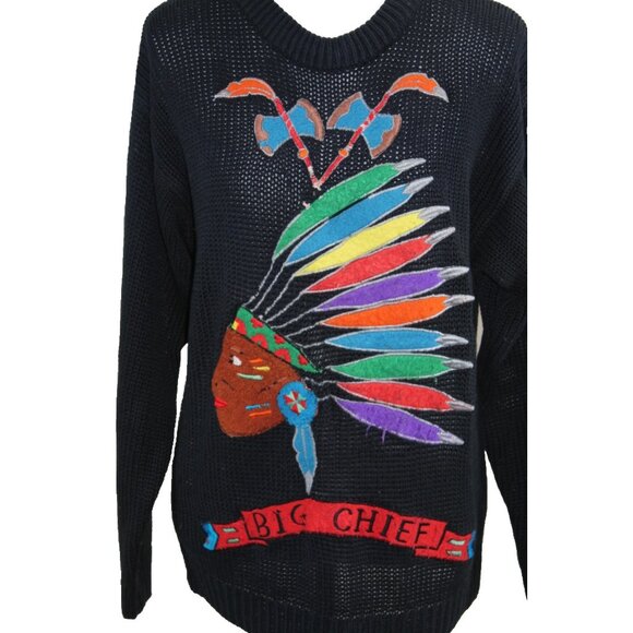 Vintage Native American Big Chief Head Crewneck Sweater Size M Chunky Knit Patch - Picture 7 of 7